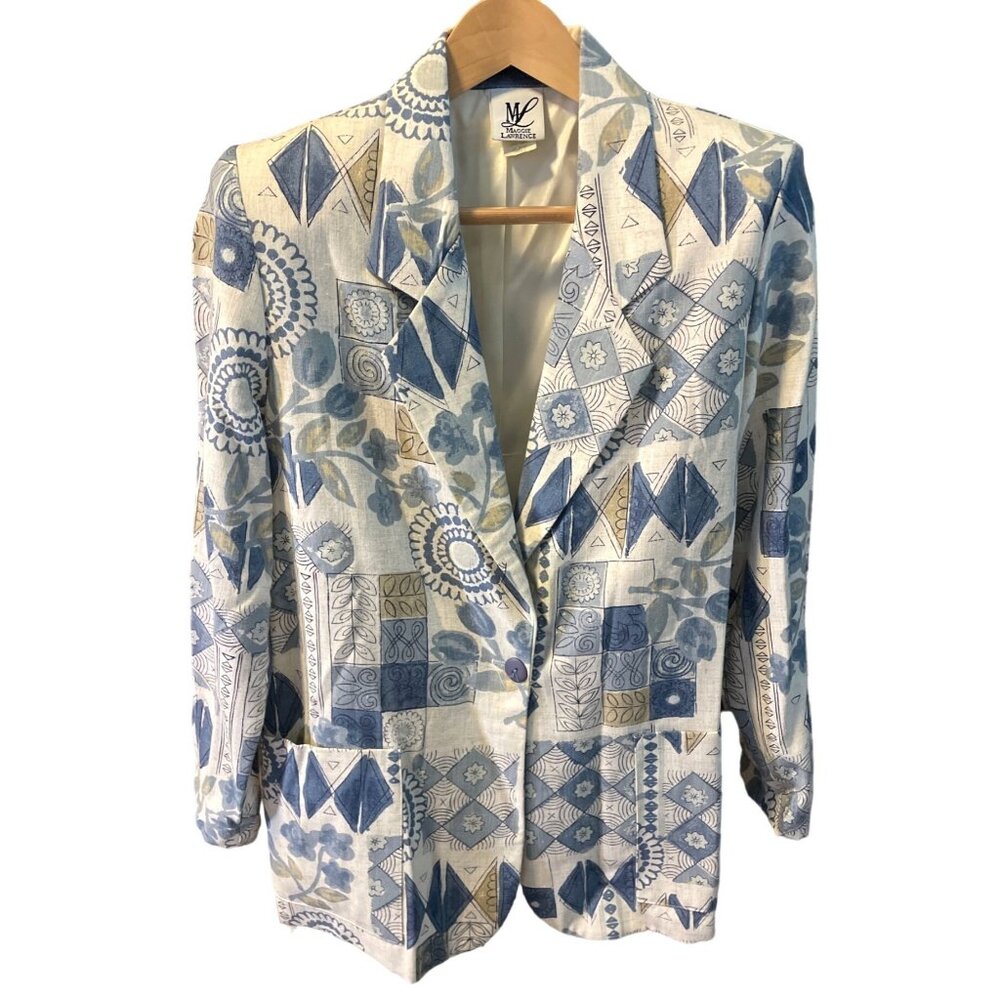 Maggie Lawrence Patterned Blazer Small Blue White Geometric Floral Design Sz S